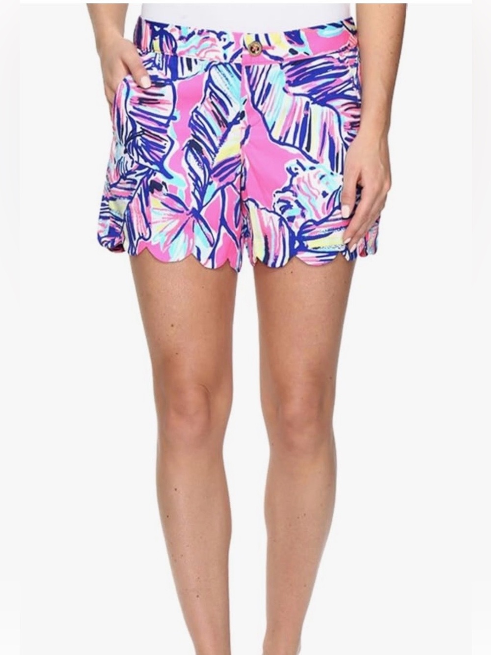 Vibrant Pink Scallop Hem Tropical Print Shorts